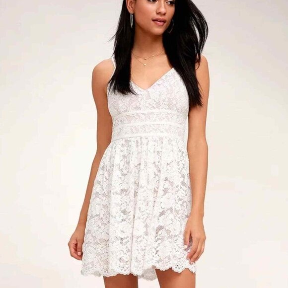 Lulus Dress Women's Medium White Wish Me Luxe Lace Skater Mini - Picture 15 of 15